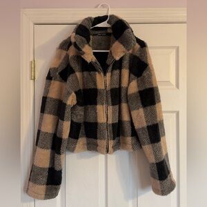 SHEIN Black and Tan Plaid Teddy Jacket
